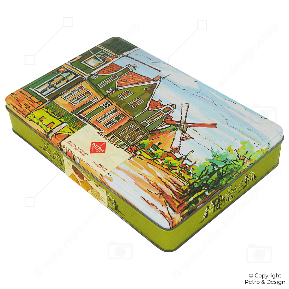 Boîte à biscuits vintage Patria avec illustration atmosphérique de la Zaanse Schans
