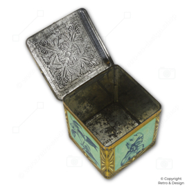 Albert Heijn Vintage Tea Tin – Square Cube, Gold with Oriental Woman