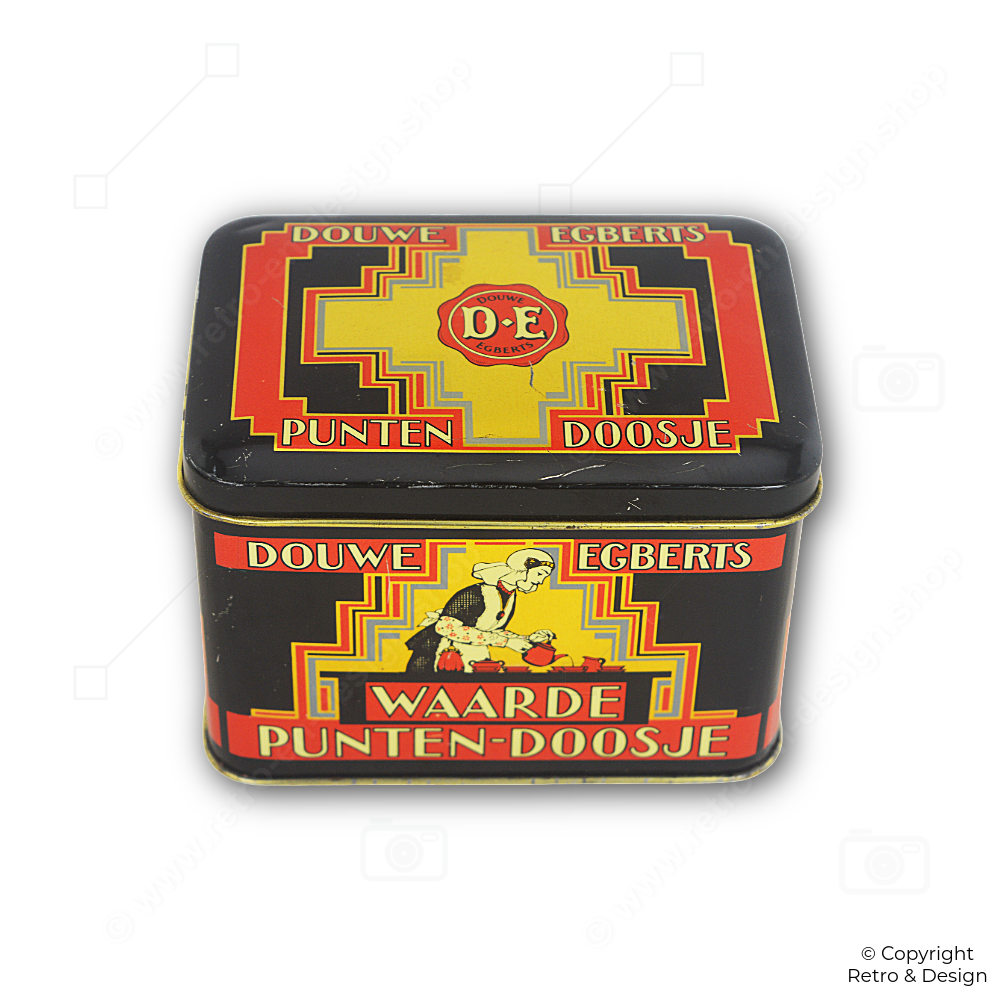 Lata de café Aroma y caja de puntos Douwe Egberts vintage – Diseño Art Déco (1989)