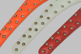 Set of three vintage vinyl coat hangers in red, white and orange with metal studs