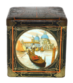 Square vintage cocoa tin in cube shape with images of Venice  for C.J. VAN HOUTEN