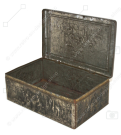 Vintage tin box with pub scenes, embossed, by Van Melle, Breskens
