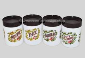 Kompletter Satz Retro-Vintage weiße Opaline Douwe Egberts Vorratsgläser für Kaffee, Tee, Zucker und Sahne