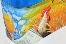 Boîte en étain orange et bleu pour Craquelins Wasa avec des images d'un coq, abeille, tournesol, céréales et fruits
