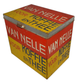 Large rectangular Van Nelle storage tin for coffee and tea in yellow-red-blue