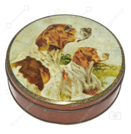 Round vintage tin by A.S. WILKIN Ltd. with image of two English pointers