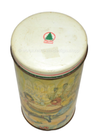 Cylindrical vintage biscuit tin made by De SPAR with fairy-tale characters