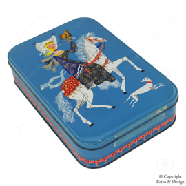 Vintage Verkade Tin "Falcon Hunt" - Refined Packaging with Stylized Illustration of a Lady on a White Horse