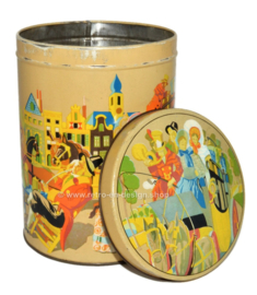 Large nostalgic tin drum with romantic images around a stagecoach