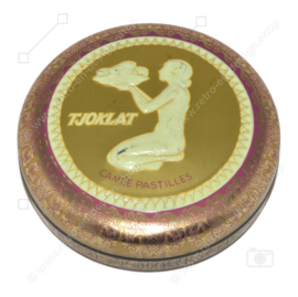 Round vintage chocolate tin for Tjoklat Camée Pastilles in gold, white and purple