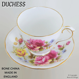 Tasse et Soucoupe Vintage - Duchess, Bone China - Roses & Fleurs - Bordure Dorée - Fabriqué en Angleterre