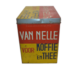 Large rectangular Van Nelle storage tin for coffee and tea in yellow-red-blue