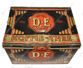 Grote brocante winkeltrommel of winkelblik van Douwe Egberts voor koffie en thee