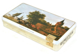 Rectangular cigar tin by Ritmeester with image of the painting "River view with ferry and bastion" by Salomon Jacobsz van Ruysdael