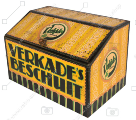 Groot geel vintage winkelblik “VERKADE’S BESCHUIT”