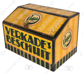 Lata grande amarilla para mostrador de tienda vintage "VERKADE’S RUSK"