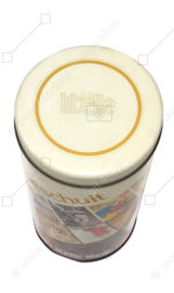 Cylindrical vintage Verkade rusk or biscuit tin with front pages of the Libelle magazine, anniversary edition