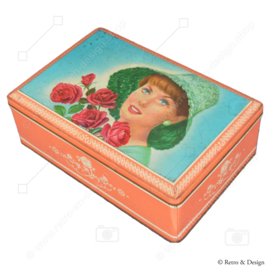 Medium-sized vintage toffee tin from Lonka with a nostalgic image of a woman with roses