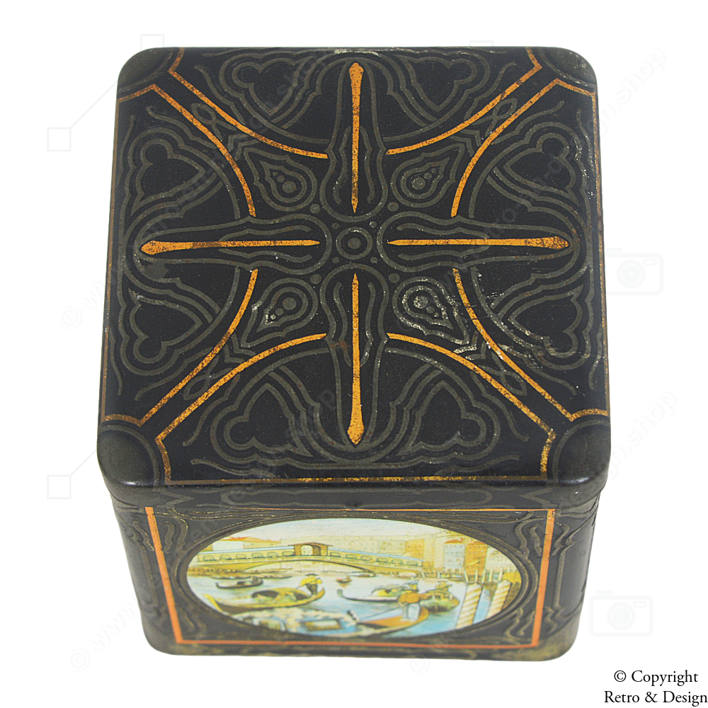 Vintage Van Houten Dose – Würfelförmig mit farbenfrohen Venedig-Motiven