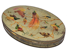 Ovaal vintage bonbonblik van Côte d'Or met afbeeldingen van tropische vogels