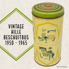 Vintage round cylindrical Hille rusk tin with drawings of the work of a rusk baker