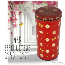 Lata de bizcochos rojos vintage para ARK con flores, mariposas y estrellas
