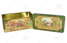 Vintage tin drum for Pickwick tea by Douwe Egberts with an image of coach, horses and inn