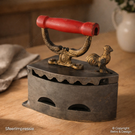 Vintage Charcoal Iron with Rooster Finial – Steel & Brass – Brocante Decor