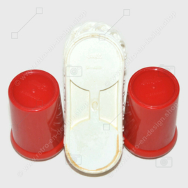 Vintage rotes Emsa Pfeffer- und Salzset im weißen Halter