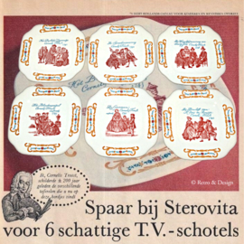 Zes vintage Sterovita T.V.-schotels / gebaksbordjes van Boch Laviére, made in Belgium met afbeeldingen Cornelis Troost
