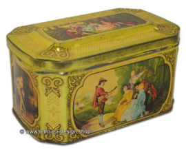 Vintage caja de lata con escenas románticas. Hecho por "De Gruyter goudmerk thee"