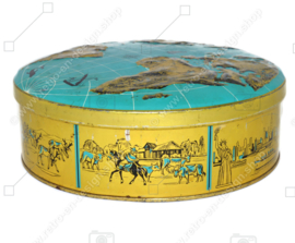 Vintage biscuit tin with a world map embossed on the lid