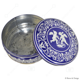 Boîte à biscuits ronde vintage bleue et blanche avec des chérubins par General Biscuits