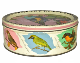 Rara lata de dulces vintage hecha por Mackintosh con imágenes de varios pájaros cantores