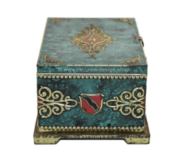 Vintage green tin box with coats of arms and closure