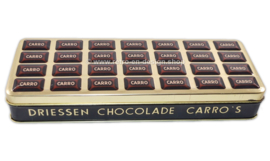 Elongated tin with embossed lid for Carros, chocolates by DRIESSEN
