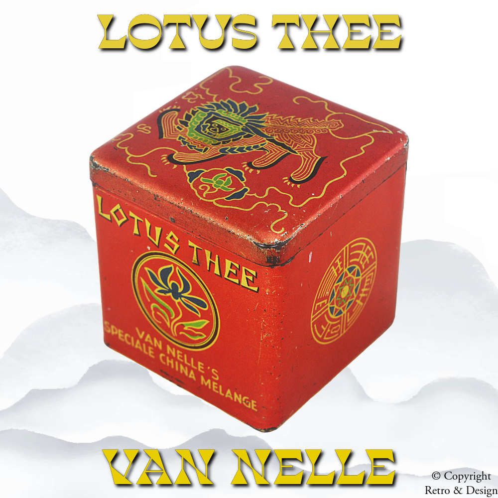 Vintage Van Nelle Tea Tin – Lotus Tea Cube with Oriental Lion Design (1950–1980)