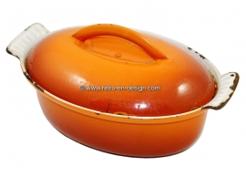 Brocant cast iron sauceboat or stew pan by DRU. nr. 18, orange/white
