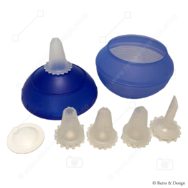 Blauwe vintage Tupperware garneelbol met vijf spuitmonden