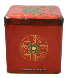 Vintage cube shaped tin with oriental motifs for VAN NELLE LOTUS THEE