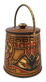 Cocoa tin in the shape of a bucket with handle and lid, with embossed flowers and butterflies for Wessanen Cocoa