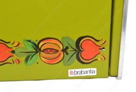 Vintage grüner Brabantia Brotkasten mit rot/orangefarbenem Fruchtmotiv