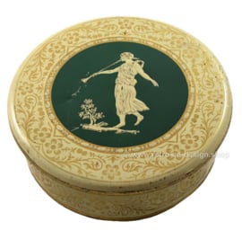 Round vintage drum by Albert Heijn with a Greek woman with a trumpet on the lid