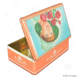 Medium-sized vintage toffee tin from Lonka with a nostalgic image of a woman with roses