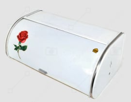 Vintage Brabantia 1960s bread bin with sliding lid in white decorated with a red rose