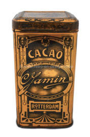 Rechthoekige hoge goudkleurige blikken trommel voor 1/2 kg. cacao van C. Jamin, Rotterdam