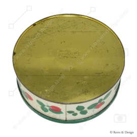 White round tin with green rim and image of red roses for TOMADO