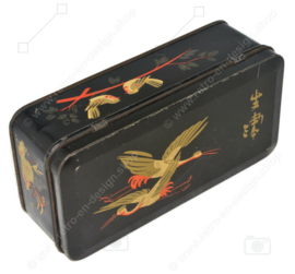 Lata de té vintage de DE GRUYTER con decoración de aves orientales en negro