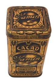 Rechteckige hohe goldfarbene Blechtrommel für 1/2 kg. Kakao von C. Jamin, Rotterdam