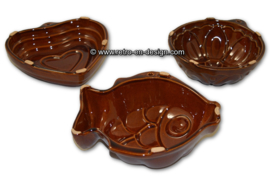 Vintage brown earthenware pudding molds, West Germany. Heart, Fish, and Flower